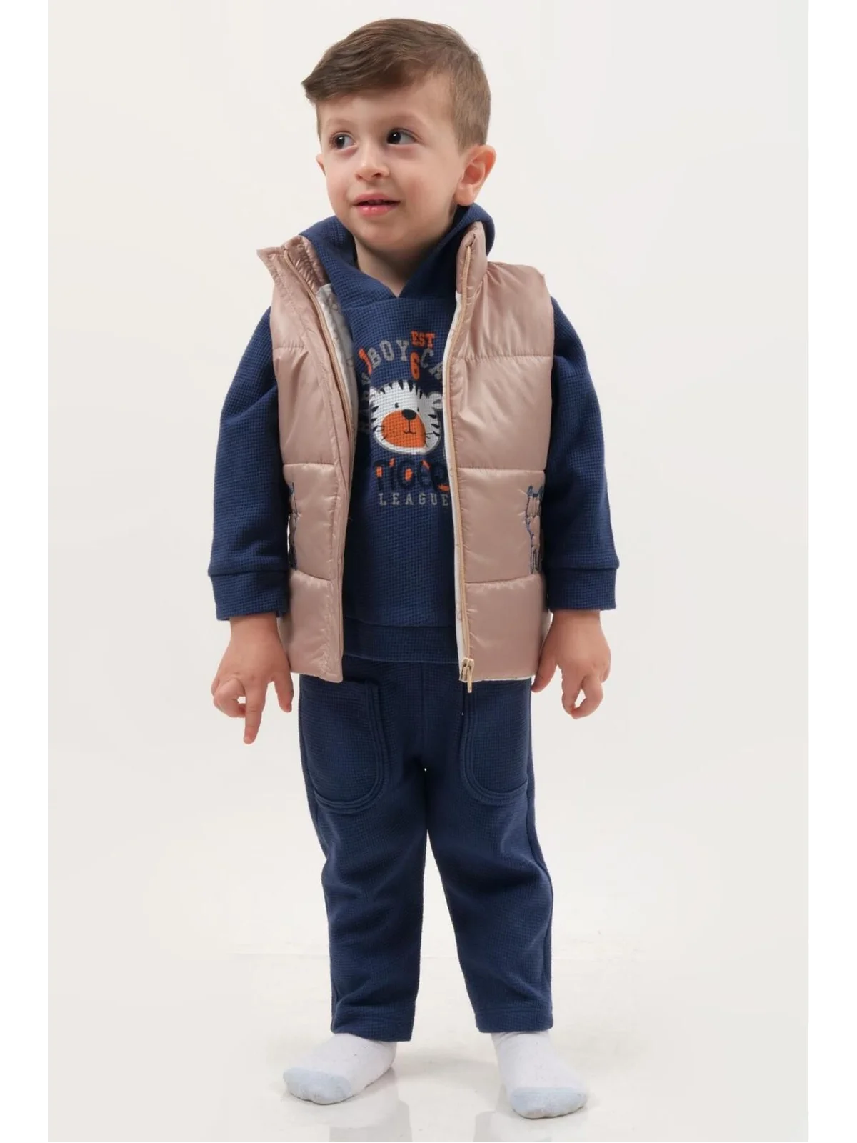 Erkek Bebek Kaplan Desenli Şişme Yelekli 3’lü Pamuk Takım (9-12-18 Ay) - Renkli