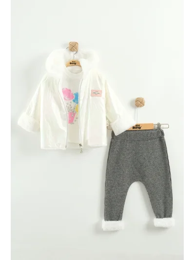 Kız Bebek Baskılı Sweatshirt, Pantolon ve Ceket 3'lü Takım (9-12-18 Ay)