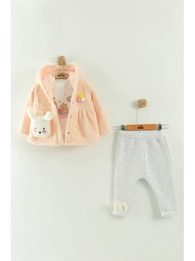 Kız Bebek Kapüşonlu, Pantolon ve Peluş Mont 3’lü Takım (6-9-12 Ay)