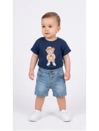 Erkek Bebek Yazlık Omuzdan Çıtçıtlı Pamuklu Kot Şortlu Takım (9-18 Ay)