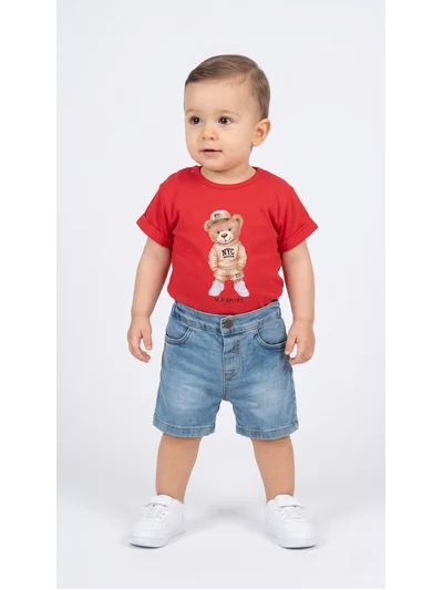 Erkek Bebek Yazlık Omuzdan Çıtçıtlı Pamuklu Kot Şortlu Takım (9-18 Ay)