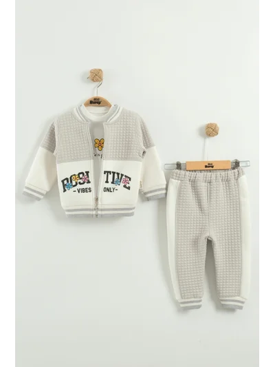 Kız Bebek Baskılı 3'lü Eşofman Takımı (Sweatshirt, Pantolon, Ceket) (9-12-18 Ay)