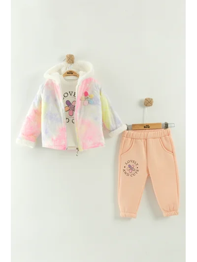 Kız Bebek Baskılı Sweatshirt, Pantolon ve Ceket 3'lü Takım (9-12-18 Ay)