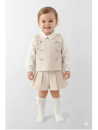 Kız Çocuk Chanel Stil Tüvit Yelek ve Şort Takım - Bej