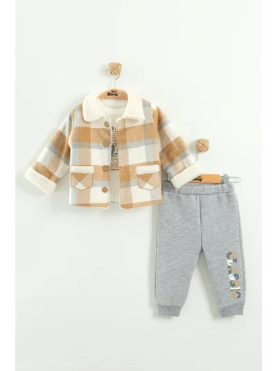 Erkek Bebek Sweatshirt, Pantolon ve Kareli Ceketli 3’lü Takım (9-12-18 Ay)