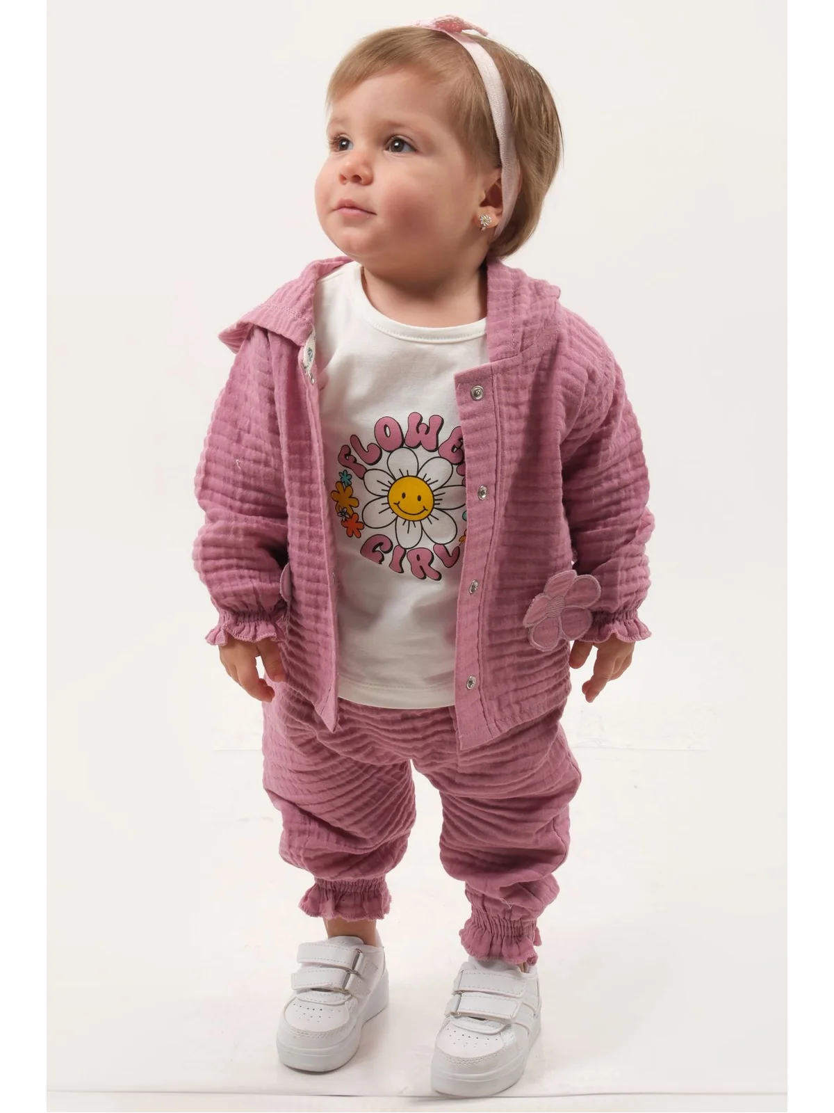 Pastel Renkli Müslin 3'lü Bebek Takımı (9-12-18 Ay) %100 Pamuklu Hırkalı Kız Bebek Seti