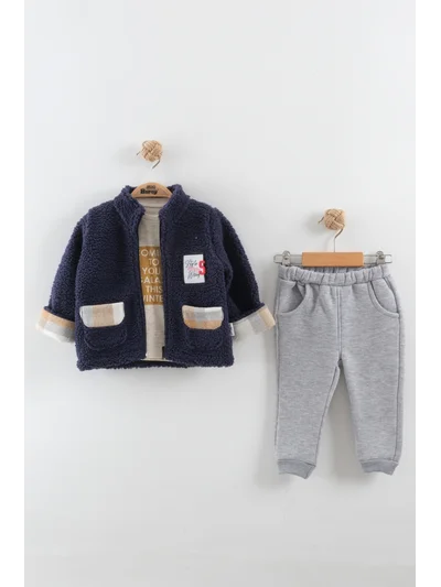 Erkek Bebek Peluş Ceket Ekose Detay Eşofman Takım (9-12-18 Ay)