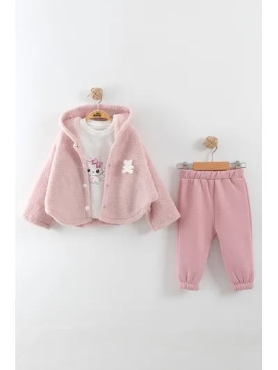 Kız Bebek Ayı Nakış Detay 3'lü Eşofman Takım (9-12-18 Ay)
