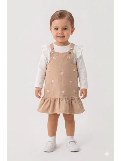 Gabardin Nakışlı Elbise 2 li Takım (1 Yaş - 2 Yaş - 3 Yaş - 4 Yaş)