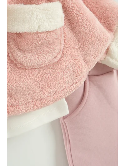 Kız Bebek Kurdele Cep Detaylı Kapüşonlu Peluş 3'lü Eşofman Takım (9-12-18 Ay)