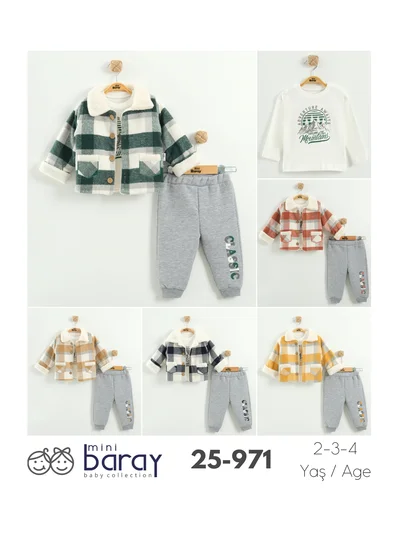 Erkek Çocuk Kareli Ceket, Sweatshirt ve Pantolon 3’lü Takım (2-3-4 Yaş)