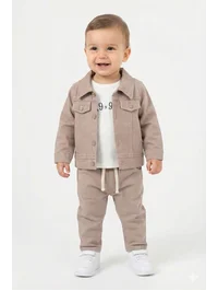 3'lü Günlük Kombin Set (Ceket, Pantolon, Tişört) - 1074-Bej