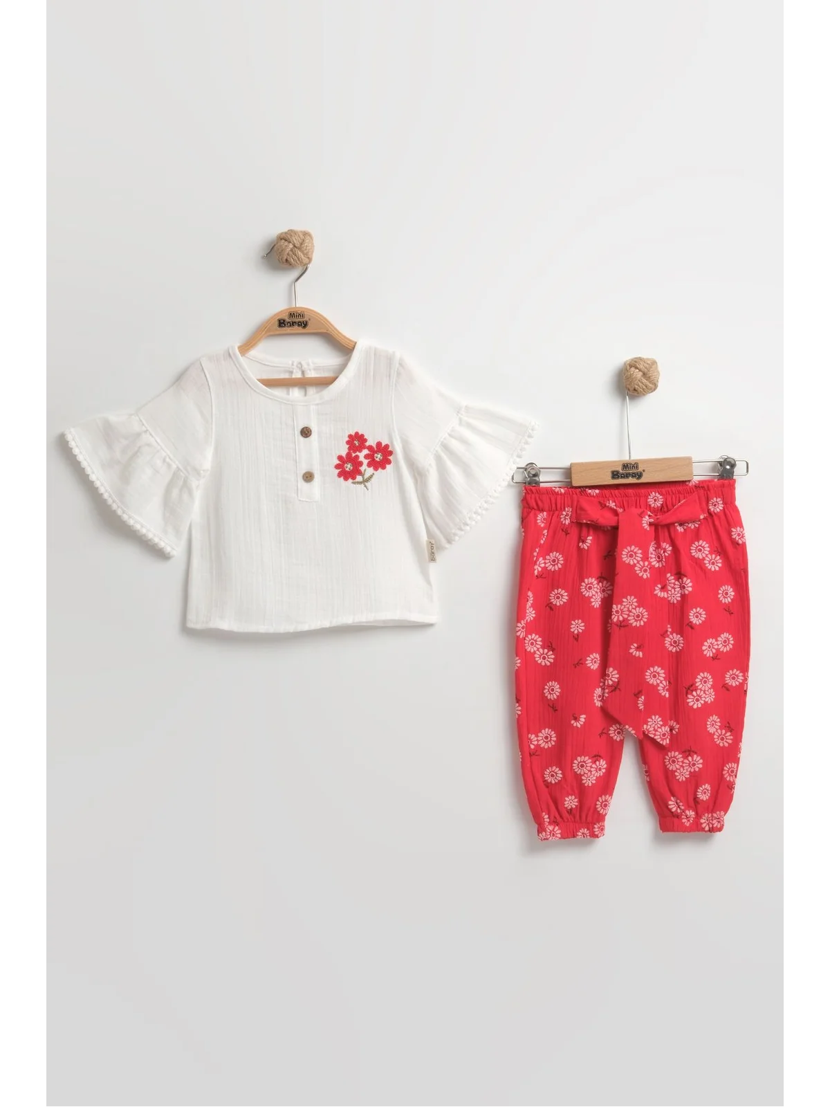 Çiçekli Müslin Pantolonlu Kız Bebek Takımı %100 Pamuk (9-12-18 Ay) - Şık ve Rahat Günlük Set