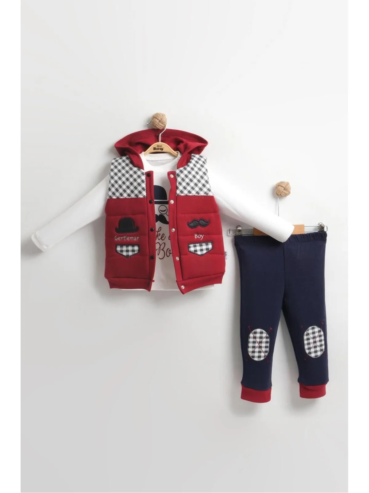 Erkek Bebek Bıyıklı Şişme Yelekli Pamuklu 3’lü Takım (6-9-12 Ay) - Renk Seçenekli