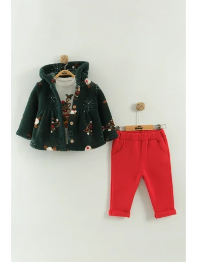 Kız Bebek Kapüşonlu Ceketli 3’lü Takım (Sweatshirt, Pantolon, Ceket) (9-12-18 Ay)