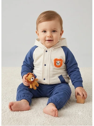 Erkek Bebek Aslan Nakış Ceket 3'lü Eşofman Takım (9-12-18-24 Ay)