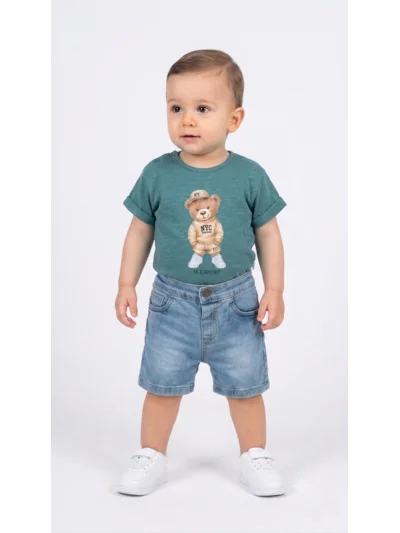 Erkek Bebek Yazlık Omuzdan Çıtçıtlı Pamuklu Kot Şortlu Takım (9-18 Ay)
