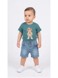 Erkek Bebek Yazlık Omuzdan Çıtçıtlı Pamuklu Kot Şortlu Takım (9-18 Ay)