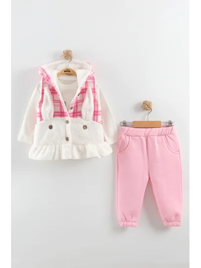 Kız Bebek Düğmeli Peluş Eşofman 3'lü Takım (9-12-18 Ay)
