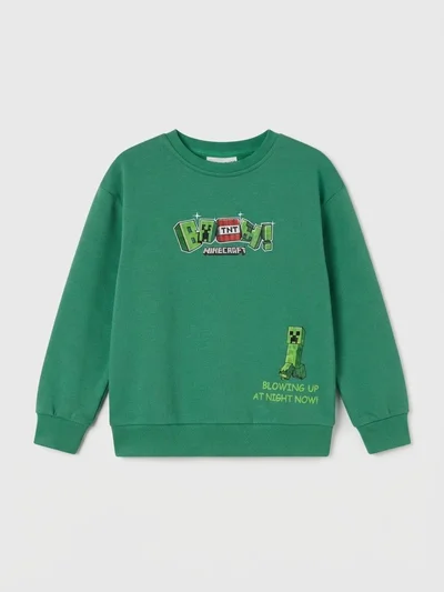 Karakter Baskılı Erkek Çocuk Yeşil Sweatshirt - Minecraft