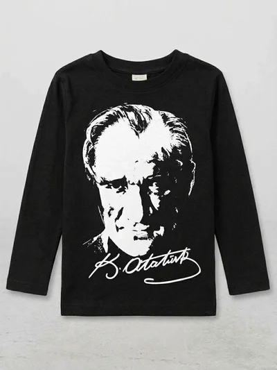 Beyaz Atatürk Baskılı Siyah Uzun Kollu Tshirt