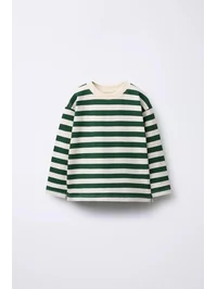Unisex Çizgili Oversize Çocuk Sweatshirt - Yeşil Çizgili