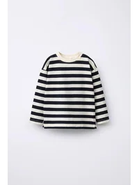 Unisex Çizgili Oversize Çocuk Sweatshirt - Siyah Çizgili