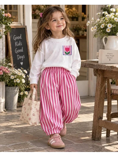 Çizgili Pantolonlu Pembe Kız Çocuk Pinterest Takım