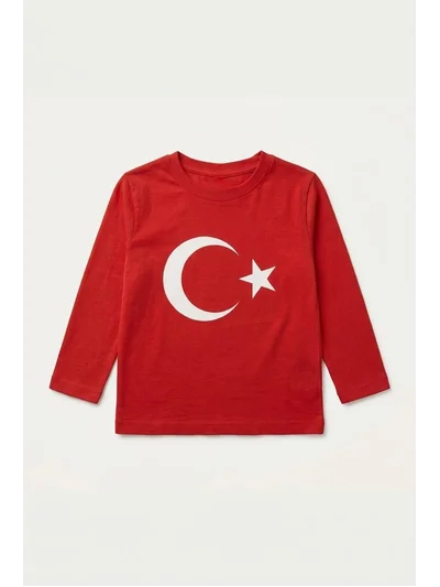 Kırmızı Türk Bayrağı Baskılı Uzun Kollu Tshirt