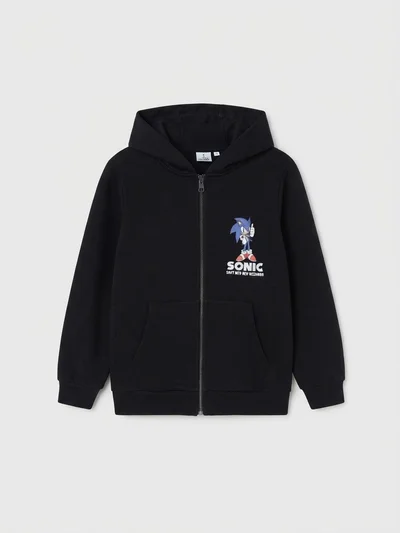 Karakter Baskılı Kapüşonlu Fermuarlı Unisex Çocuk Ceket - Sonic