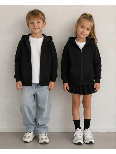 Kapüşonlu Fermuarlı Unisex Çocuk Ceket - Siyah