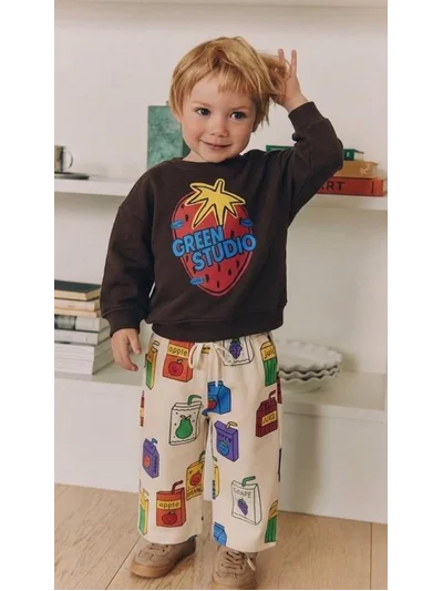 Kahve Çilek Baskılı Pinterest Pantolonlu Unisex Çocuk Takım