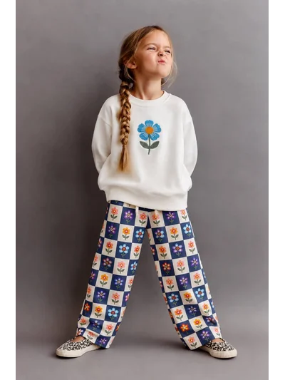 Mavi Kare Çiçekli Pantolonlu Kız Çocuk Pinterest Takım