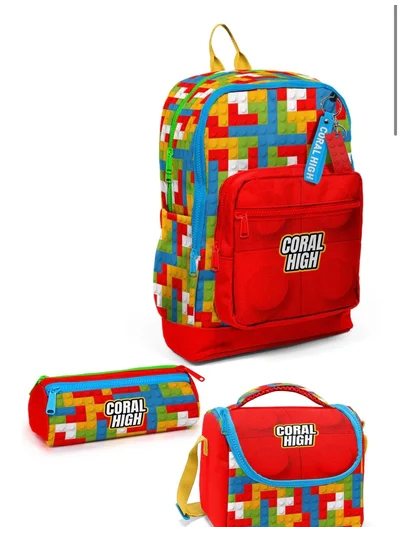 Renkli Blok Lego Desenli 4 Bölmeli Okul Sırt Çantası 3'lü Set