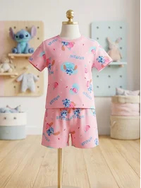 Karakter Baskılı Şortlu Kız Çocuk Pijama Takımı - Stitch