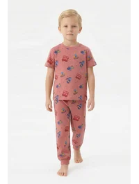 İş Makineleri Baskılı Kısa Kollu Erkek Çocuk Pijama Takımı