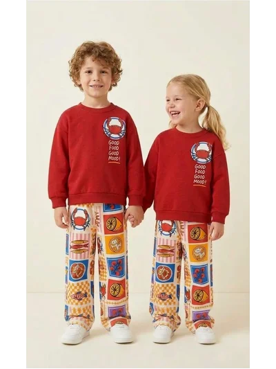 Kırmızı Yengeç Baskılı Pinterest Pantolonlu Unisex Çocuk Takım