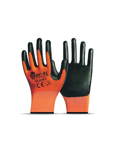 BAY-EL Zebra Eldiven 1/2 Siyah Nitril Kaplı Turuncu Eldiven No: 9 EL090