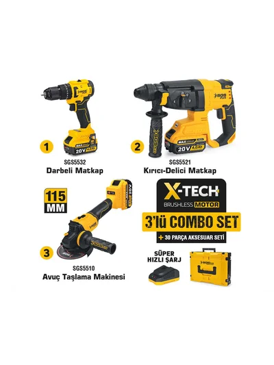 SGS Combo Set 3 Parça Darbeli Matkap - Kırıcı delici matkap - Avuç Taşlama Makinesi SGS5450